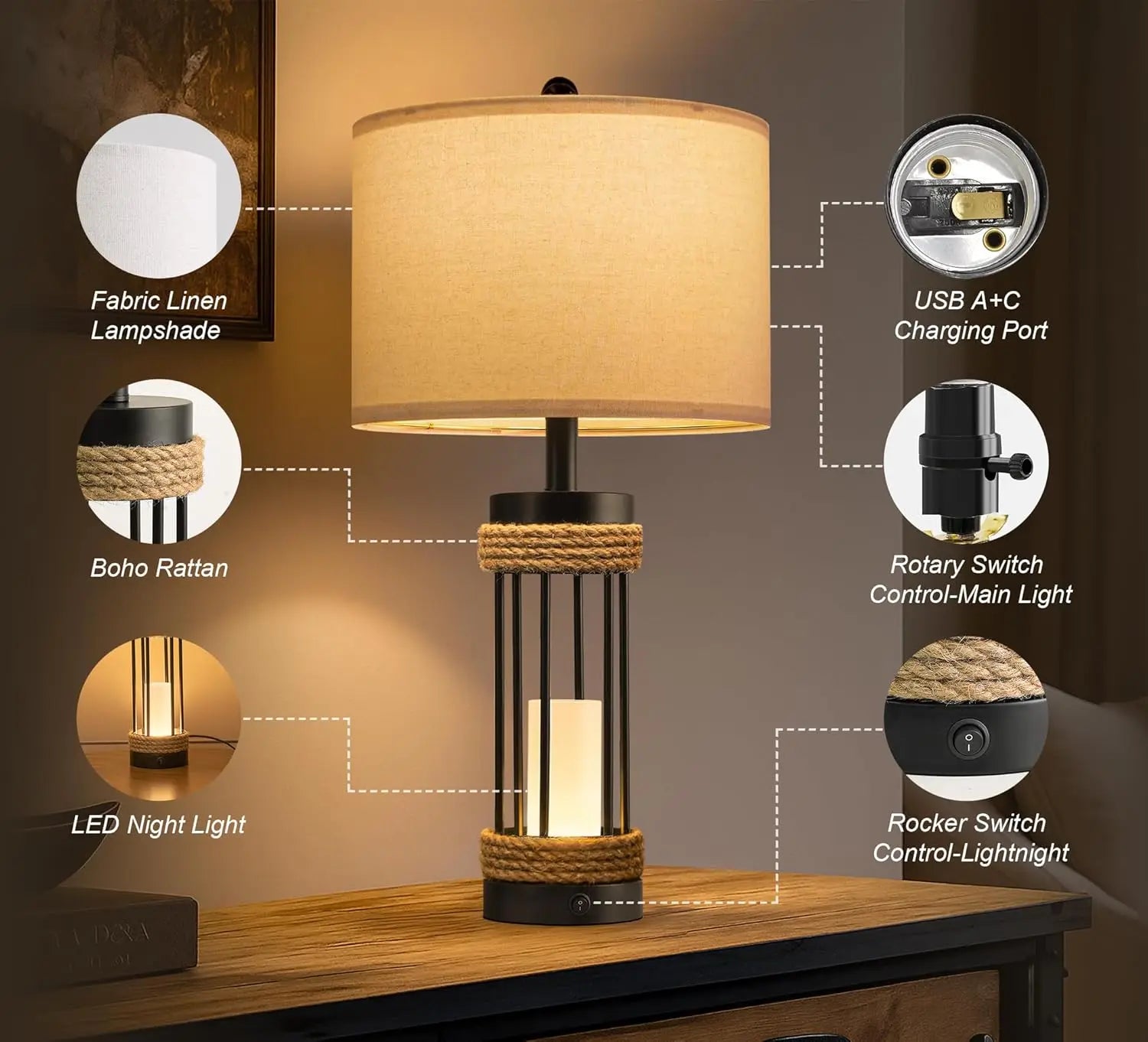 25" Farmhouse Table Lamps Set of 2 with Night Light, USB Charging Ports, Rustic Black Metal and Rope Design