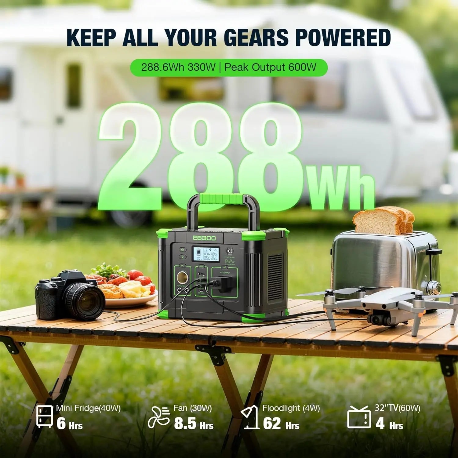 300W Portable Power Station with 288Wh Solar Generator, 60W USB-C PD, 110V AC Outlet for Camping Travel Home Backup
