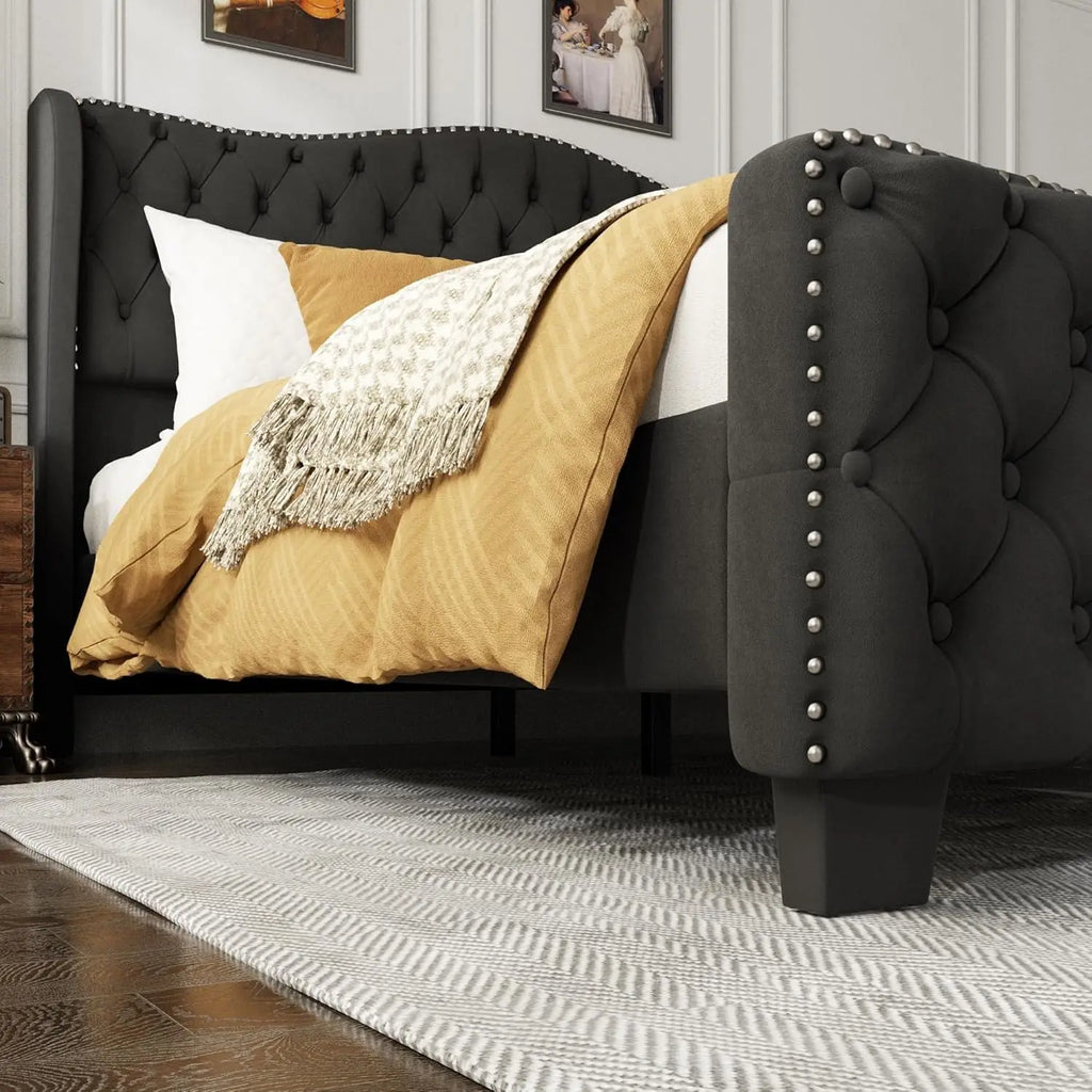 King Size Platform Bed Velvet Wingback Headboard Footboard Deep Tufted Nailhead Trim No Box Spring 51.2" Tall Black Customized