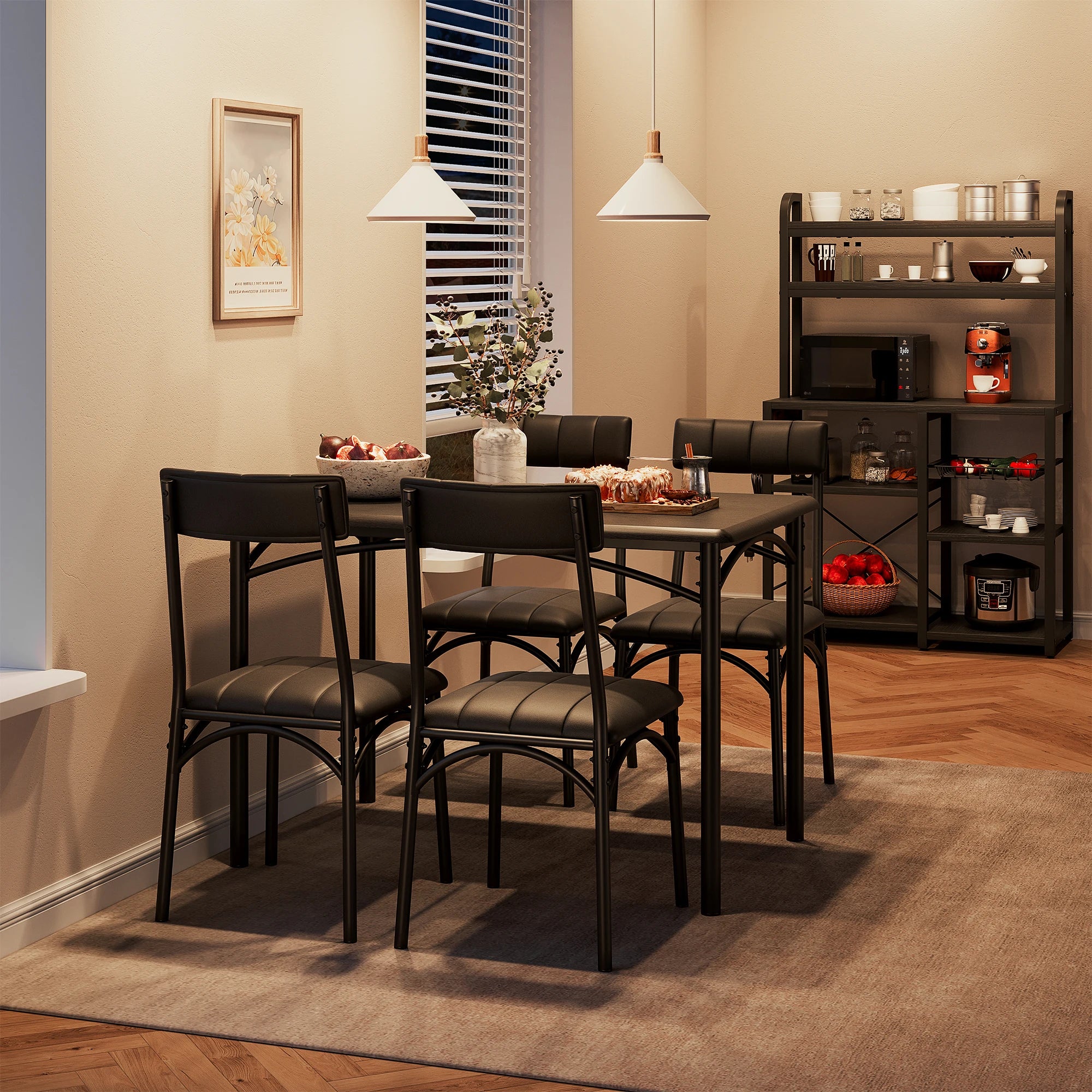 5-Piece Dining Table Set for 4, Modern Wood Kitchen Table with 4 Upholstered Chairs, Square Dinette Set for Apartment, Breakfast