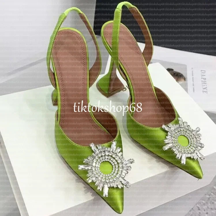 Amina muadii heels designer sandals womens wedding dress shoes satin pointed slingbacks bowtie pumps crystal sunflower flower hi