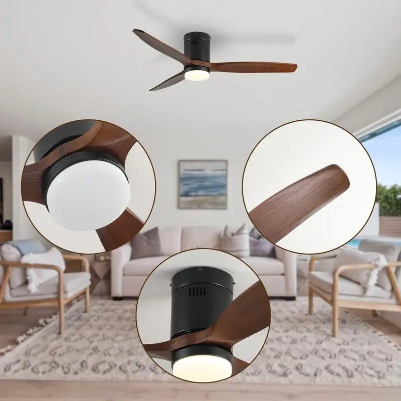 52" Ceiling Fan with Light, 3 Dark Walnut Wood Blades, Remote Control, 6-Speed Reversible DC Motor for Bedroom, Dining Room,