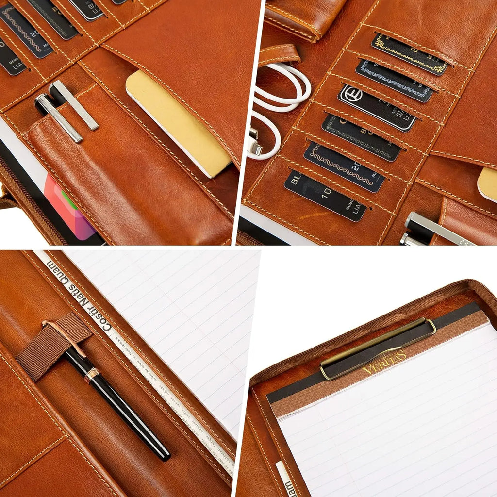 Oil Wax Leather Portfolio Organizer with Handle, Personalized Padfolio for Men Women, Fits 15-inch Laptop and Legal Pad