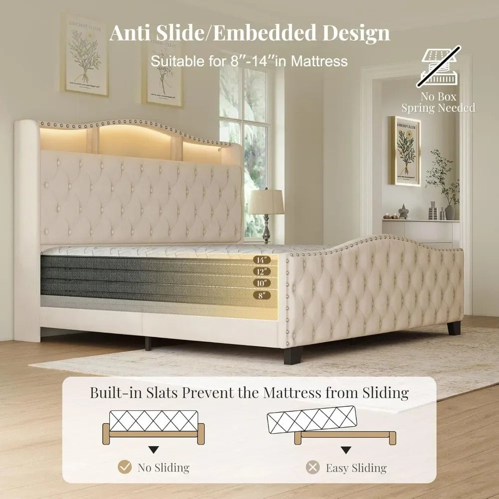 King-size Bed Frame and Headboard, 50.9-inch Velvet-padded Wingback Bed Frame with LED Lights and Storage/charging Station