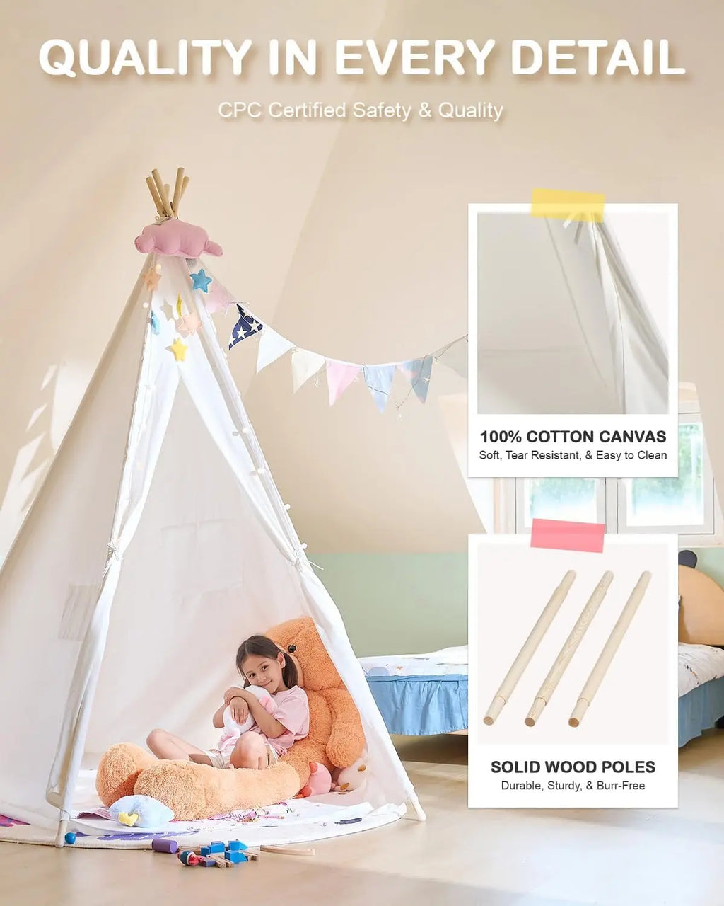 Large 85" Kids Teepee Play Tent, 2.1m Indoor Canvas Tent for Adults, Foldable Outdoor Teepee with Storage Bag