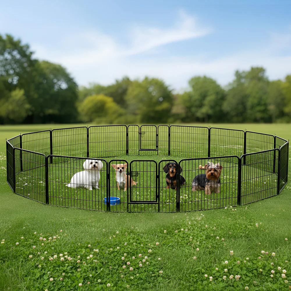DOPINMIN 16 Panel Dog Fence Foldable Heavy Duty Metal Pet Playpen, Lockable Double Door, In/Outdoor Exercise Space for Animals