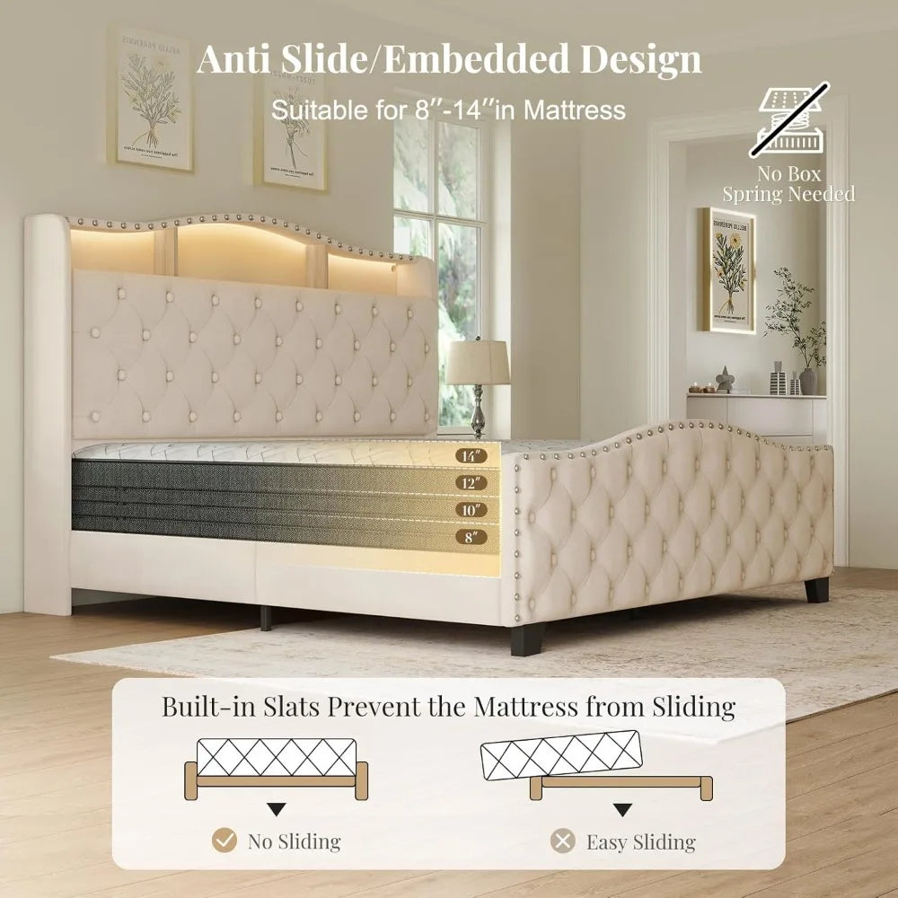 Queen Size Bed Frame and Headboard, 50.9" Velvet Upholstered Wingback Bedframe with LED Lights & Storage/Charging Station