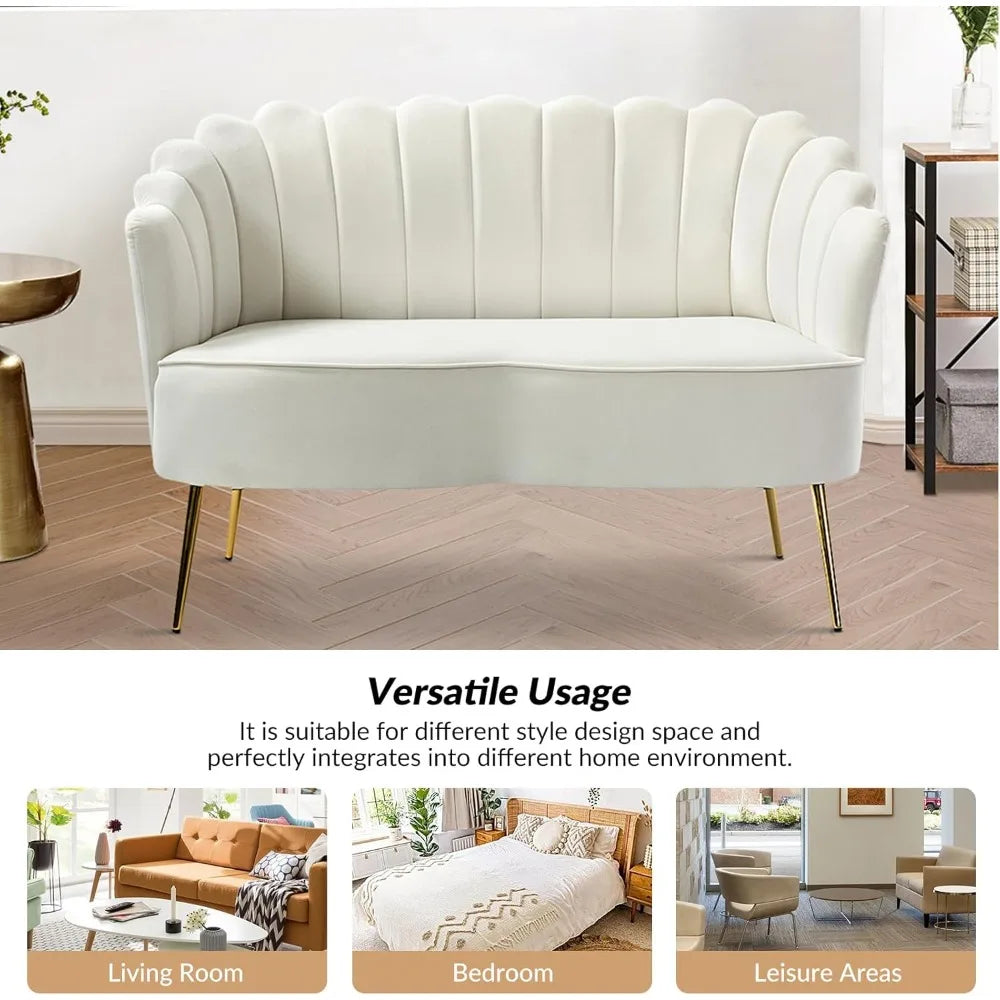 Modern Velvet Loveseat Sofa with Flower Shaped Back, Comfy Upholstered 2-Seater Sofa with Gold Metal Legs, Small Love Seat Acce