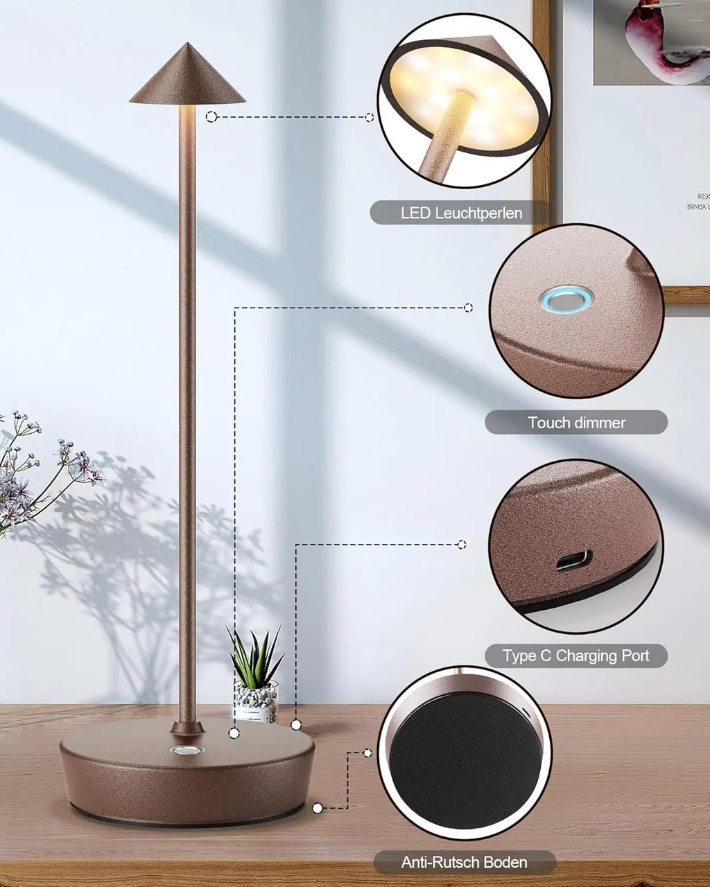 Rechargeable Cordless LED Table Lamp, Waterproof Touch Dimmable with 6000mAh Battery for Indoor Outdoor Use
