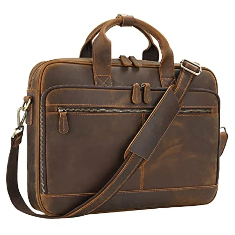 JackChris Full Grain Leather Briefcase for Men Business Messenger Bag Laptop Bag Attache Case Fits 15.6 Inch Laptop Brown Premi