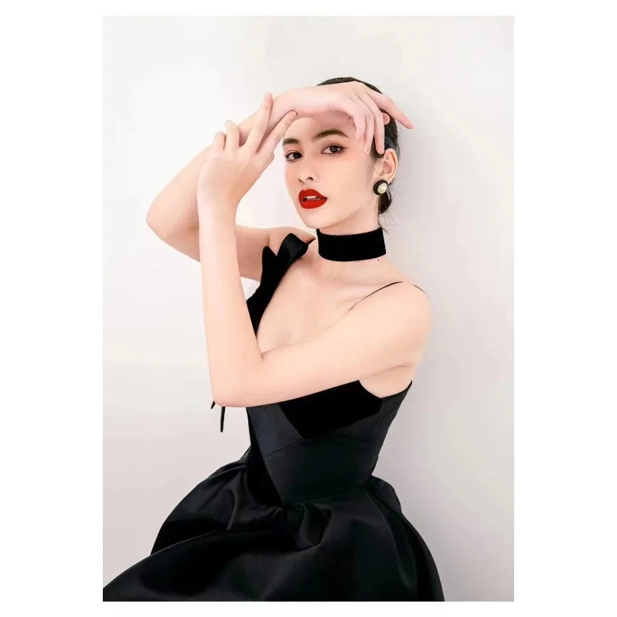 【New style】24 spring new product V-neck bow sexy goddess irregular waist slimming suspender party dress