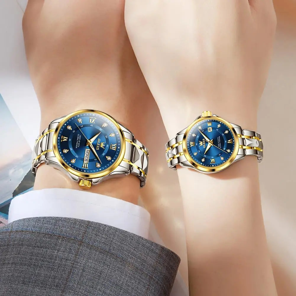 Luminous Calendar Date Waterproof Stainless Steel Couple Watch for Men and Women, Formal Casual Romantic Wedding Gift