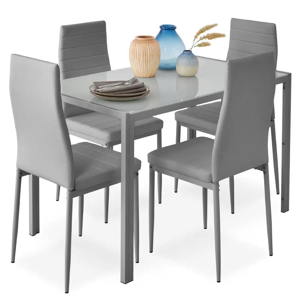Glass Dining Set, Modern Kitchen Table Furniture for Dining Room, Dinette, Compact SpaceSaving w Glass Tabletop, 4 Uphols