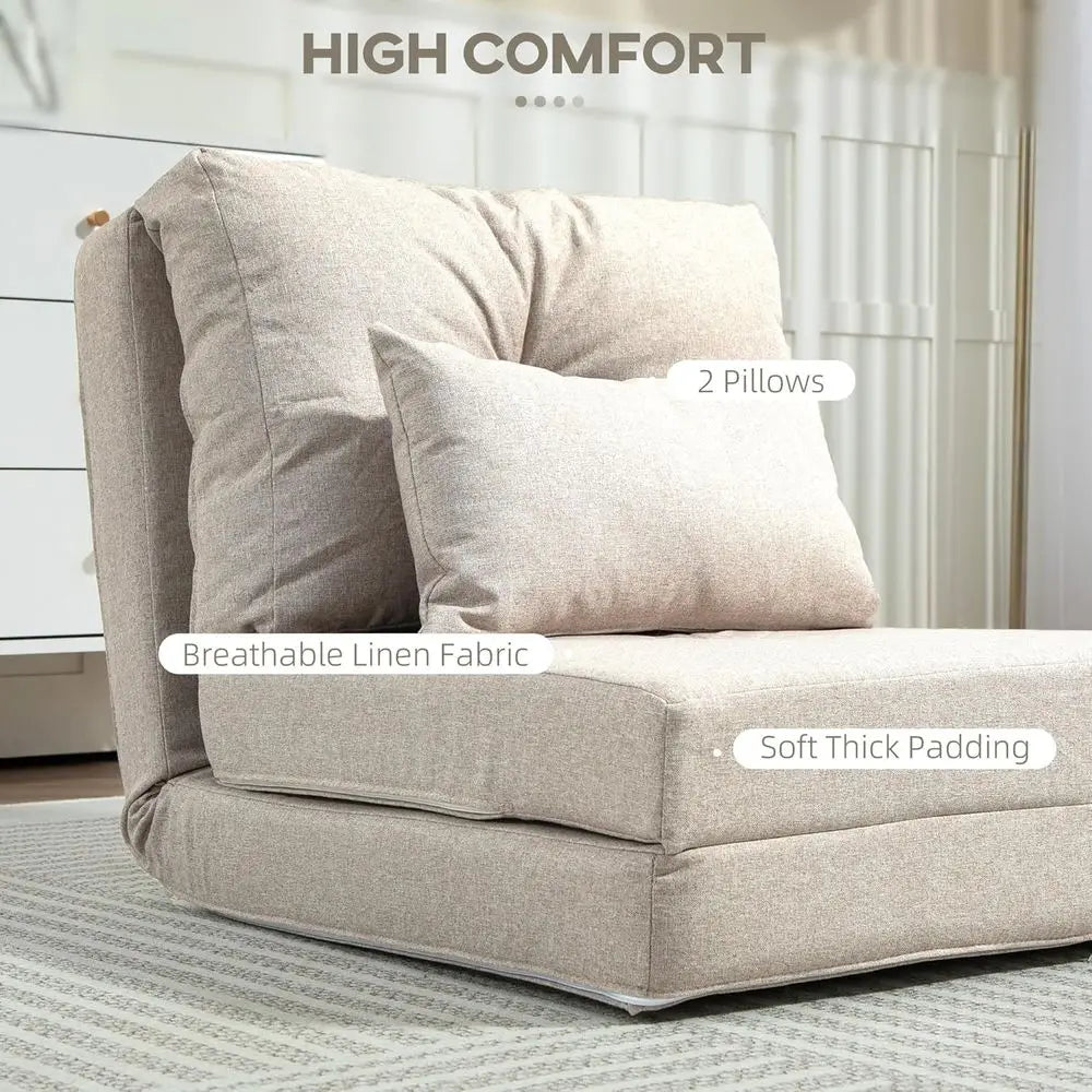 Convertible Sofa Bed with Adjustable Backrest, Metal Legs and Pillows, Suitable for Living Room and Bedroom, Beige