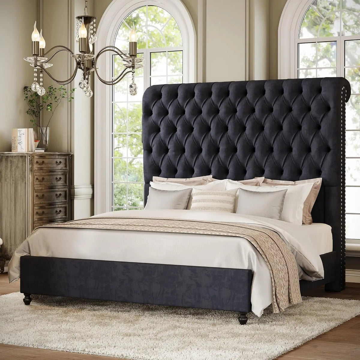 59" Tall Sleigh King Bed Frame Velvet Upholstered Deep-Tufted Solid Wood Legs No Box Spring, Customized