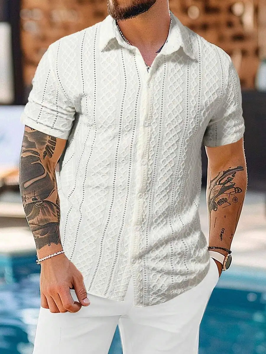 Men's Casual Short Sleeve Shirt with Textured Diamond Pattern, Lightweight Breathable Fabric for Summer Vacation