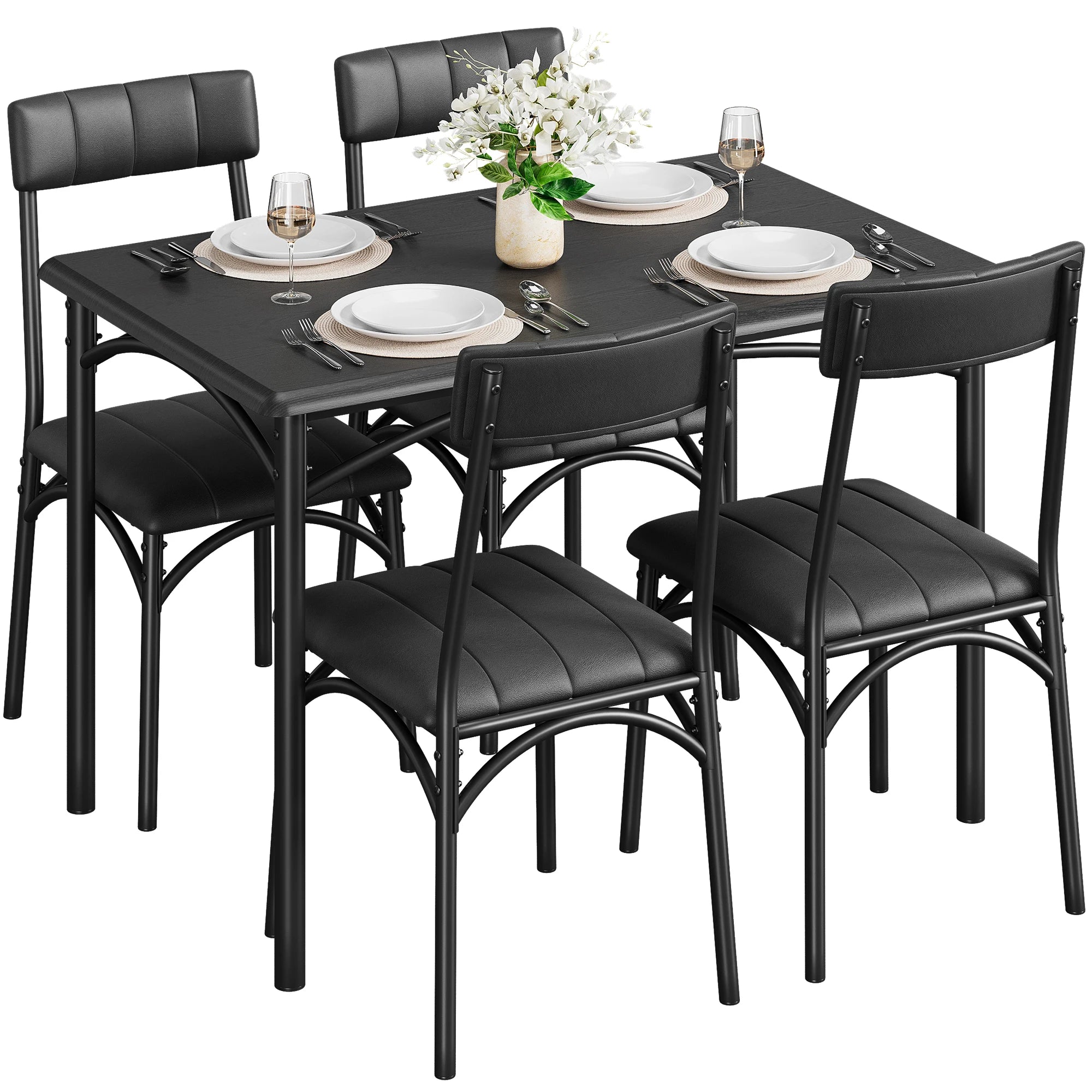 5-Piece Dining Table Set for 4, Modern Wood Kitchen Table with 4 Upholstered Chairs, Square Dinette Set for Apartment, Breakfast