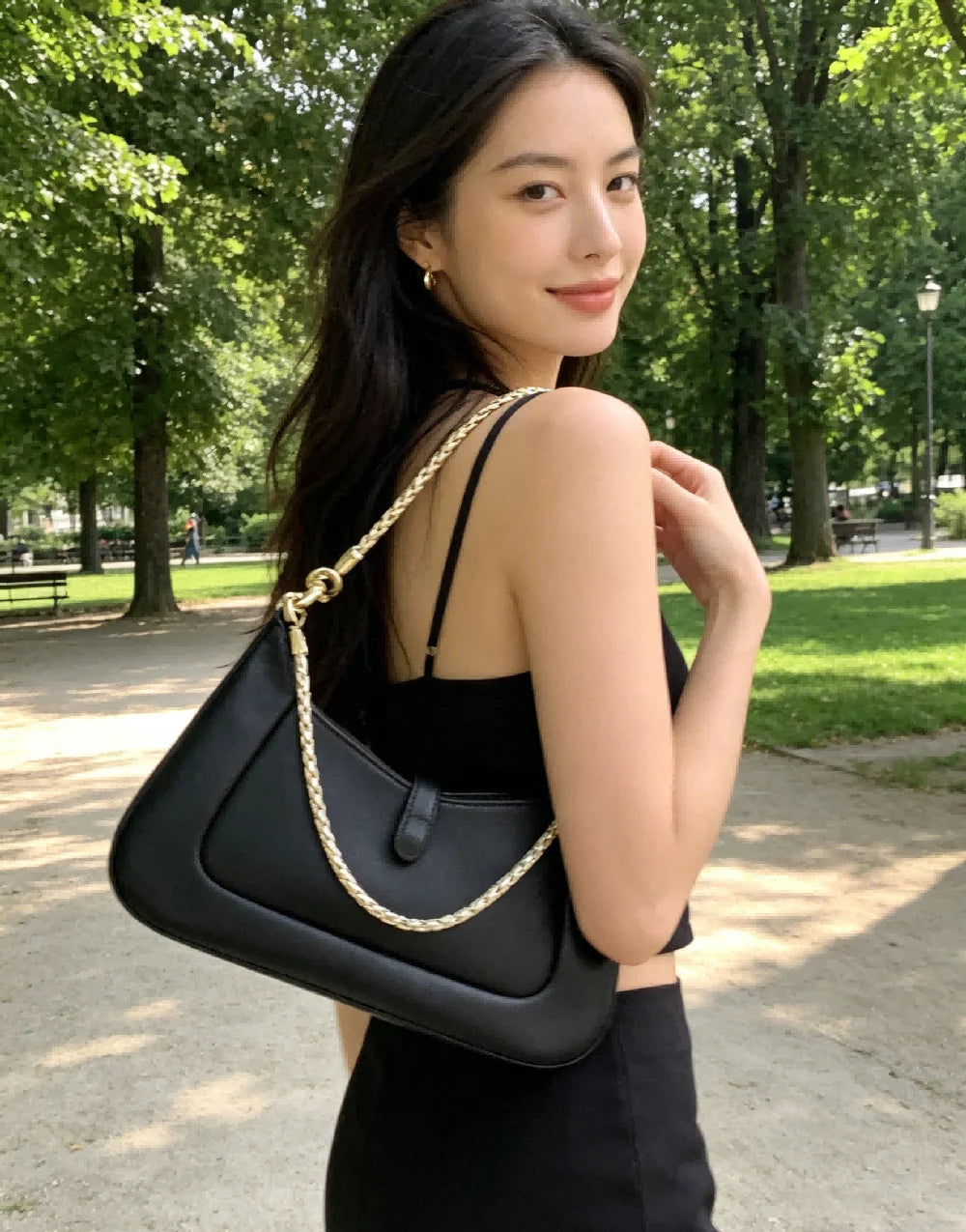 Minimalist Black Hobo Underarm Bag for Women Smooth Leather Purse with Gold Chain Strap for Night Out and Office Days