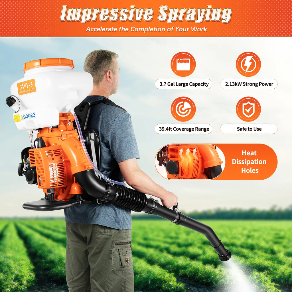 2.13KW Backpack Sprayer 14L Agricultural Mist Duster Sprayer 41.5cc Garden Sprayer 7500r 2 Stroke Gasoline Sprayer for Agricultu