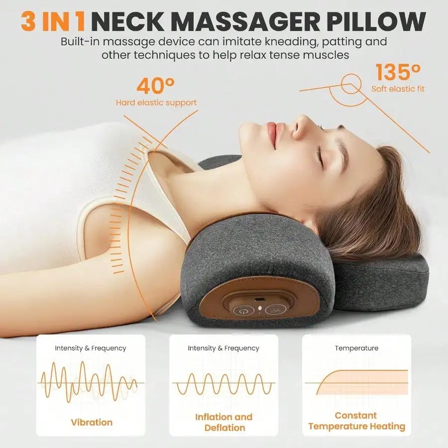 3-in-1 Neck Massager Pillow with Heating and Traction, Deep Tissue Shoulder Pain Relief Cushion and Posture Hump Corrector