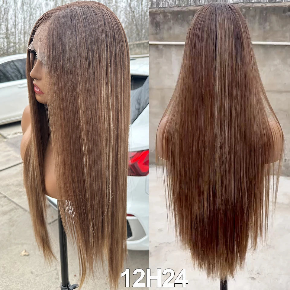 30Inch 13X4 Straight Lace Frontal Wigs Brown P12/24 Ombre Colored Pre-pluck Soft Natural High Temperature Cosplay Wigs
