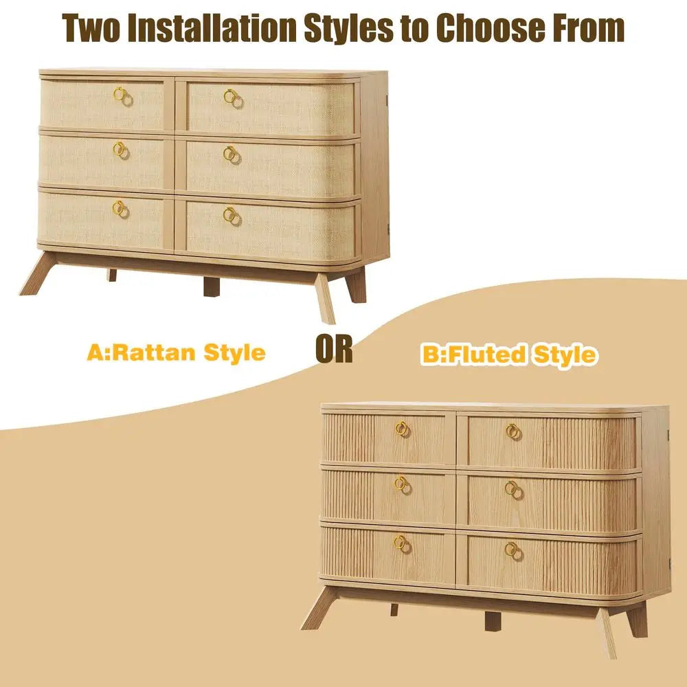 6 Drawer Dresser for Bedroom, 43 Modern Chest of Drawers with Metal HandlesampWood Legs, Curved Profile Design, Rattan Dresser f