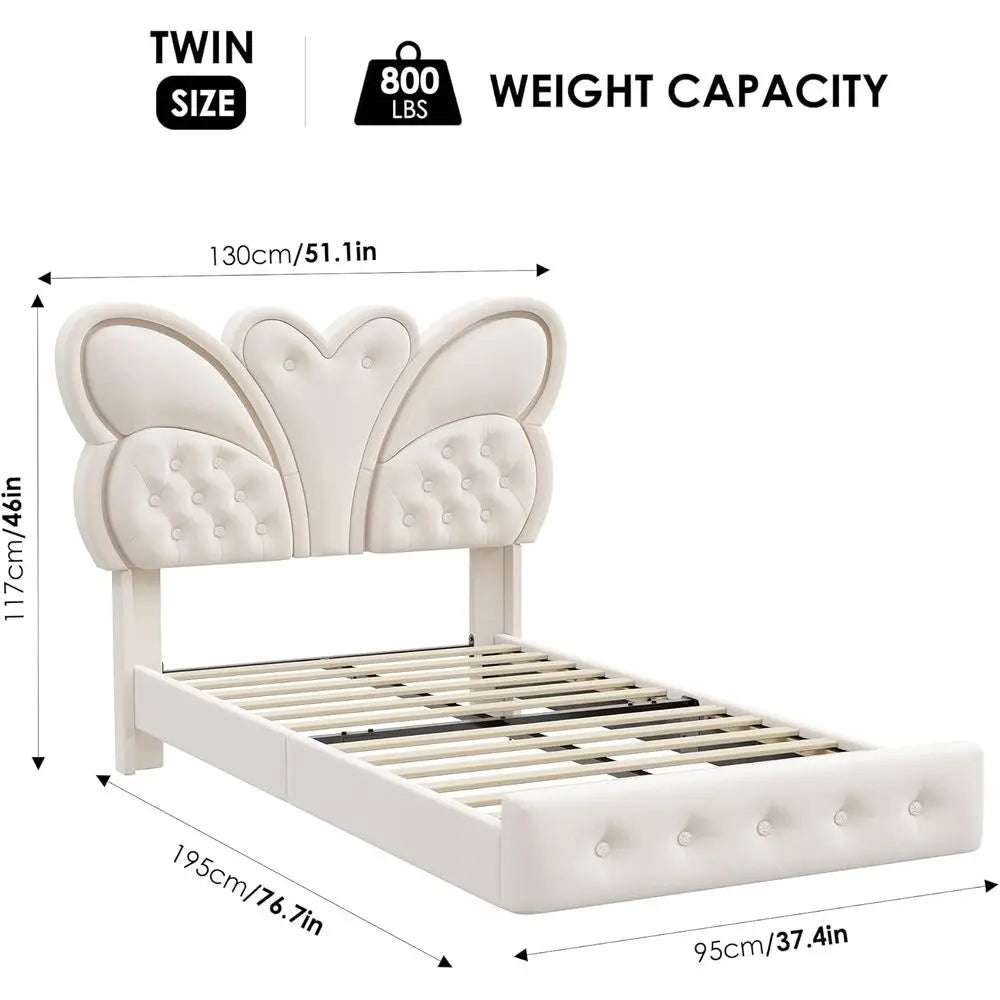 Modern Butterfly Upholstered Twin Bed Frame with LED Lights, Button Tufted Headboard, Footboard, Slats Support, No Box Spring Ne