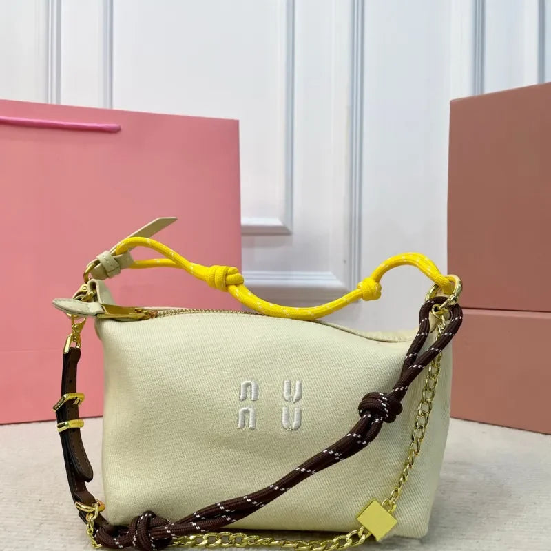 Miue Miue Bag Designer Handbag Luxury Shoulder Bags Cowboy Denim Purse Sheepskin Folds Crossbody Bag Washed Through Surfing Rope