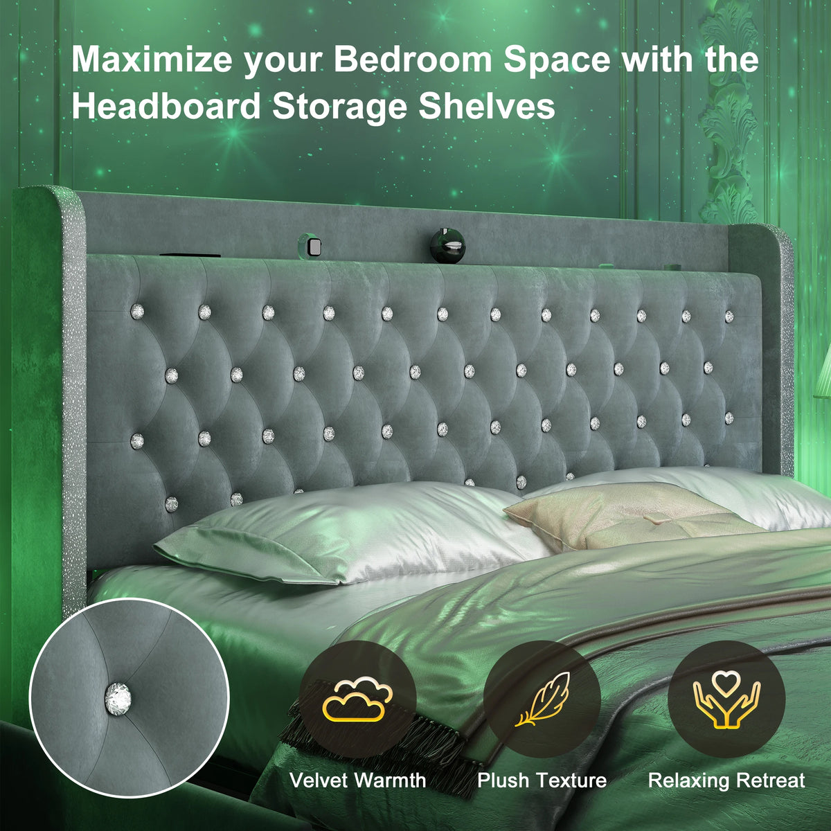 Queen Platform Bed Frame with LED Lights, Galaxy Projector, Wingback Headboard, 4 Storage Drawers, USB Ports, No Box Spring