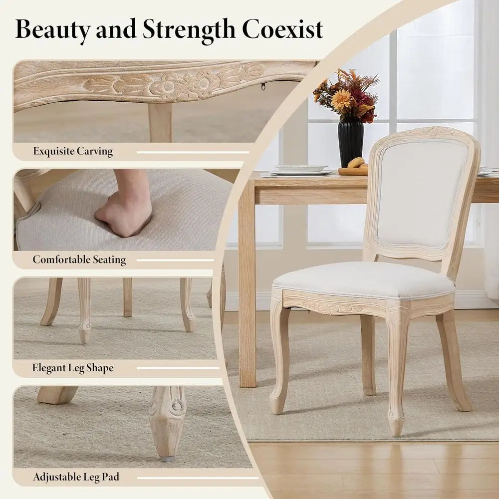 Elegant Upholstered Dining Chairs Set of 2 with Curved Legs, High Back, and Armrests - Linen Beige, Brushed Legs