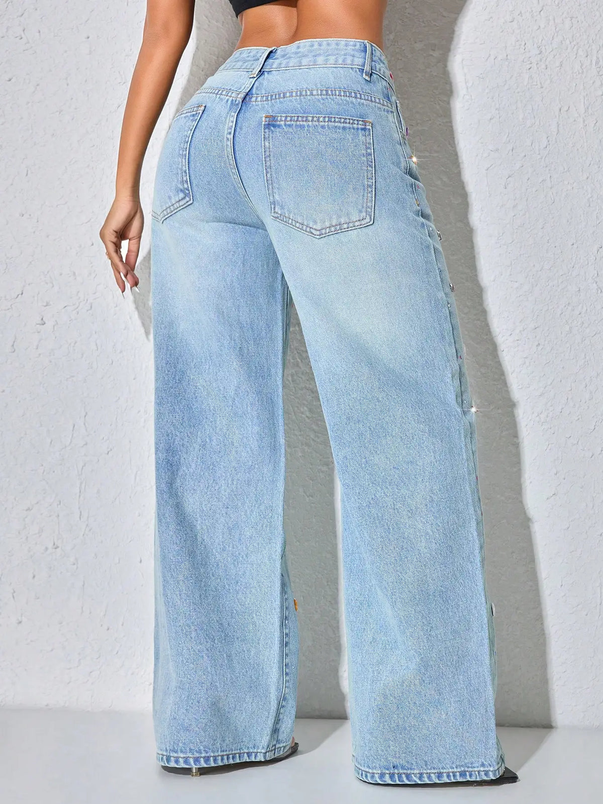Low Waist Wide Leg Rhinestone Decorated Casual Blue Jeans For Women Spring
