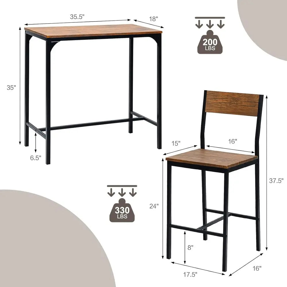 Industrial-Style 3-Piece Bar Table Set with Heavy-Duty Steel, Ideal for Pub, Kitchen, or Dining Area, Easy Assembly