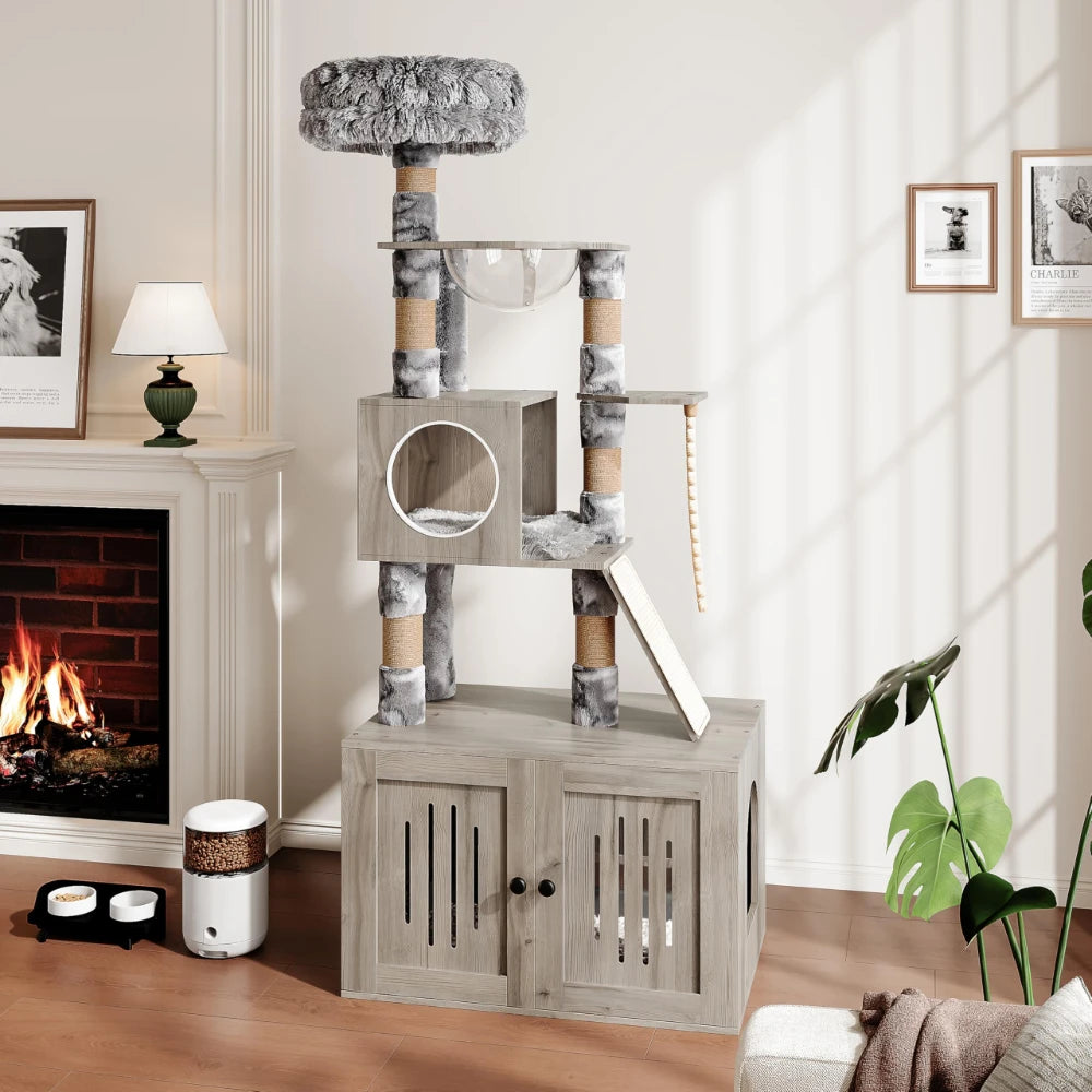 66.9" Cat Tree With Litter Box Enclosure Modern Cat Tower With Storage Cabinet Sisal Scratching Post Multi-Layer Activity Areas