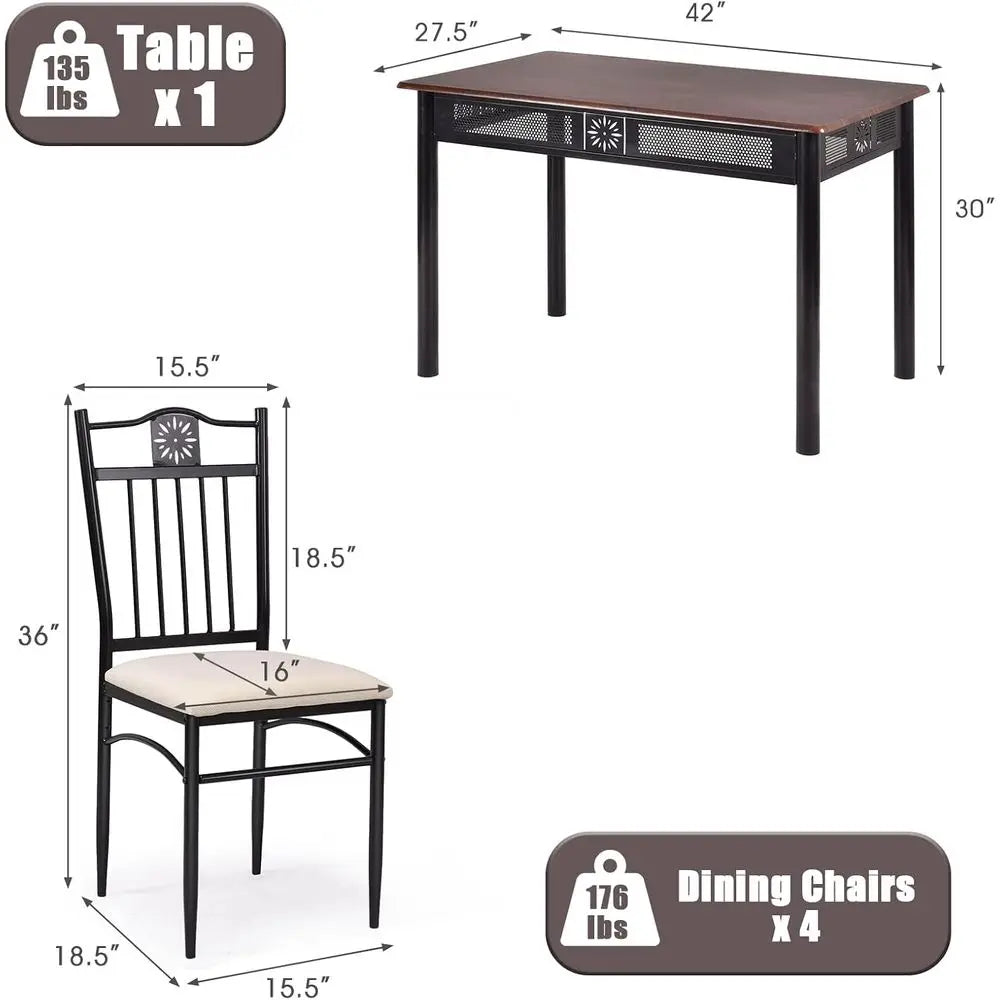 5-Piece Dining Set, Elegant Kitchen Table with 42 Round Table and 4 Upholstered Chairs, Suitable for Home, Coffee Shop, and Rest