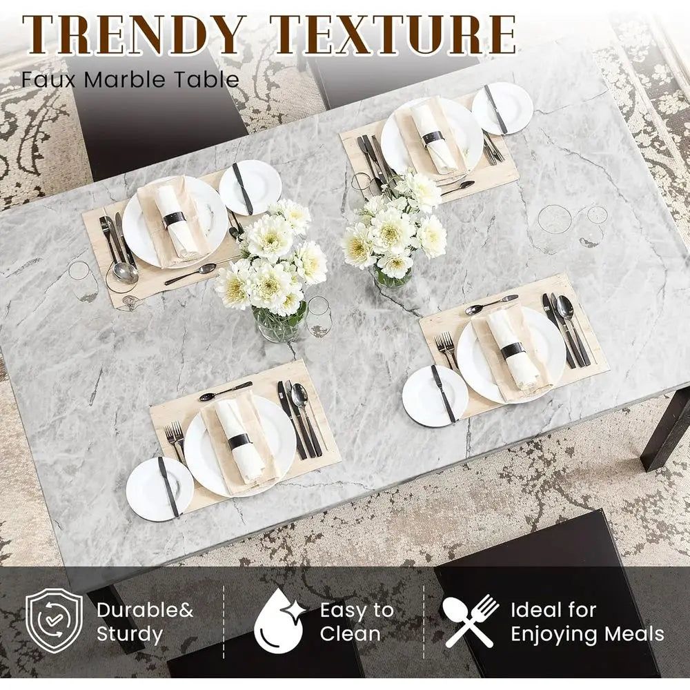 Luxurious Button-Tufted 4-Piece Marble Kitchen Table Set with Brown Dining Chairs