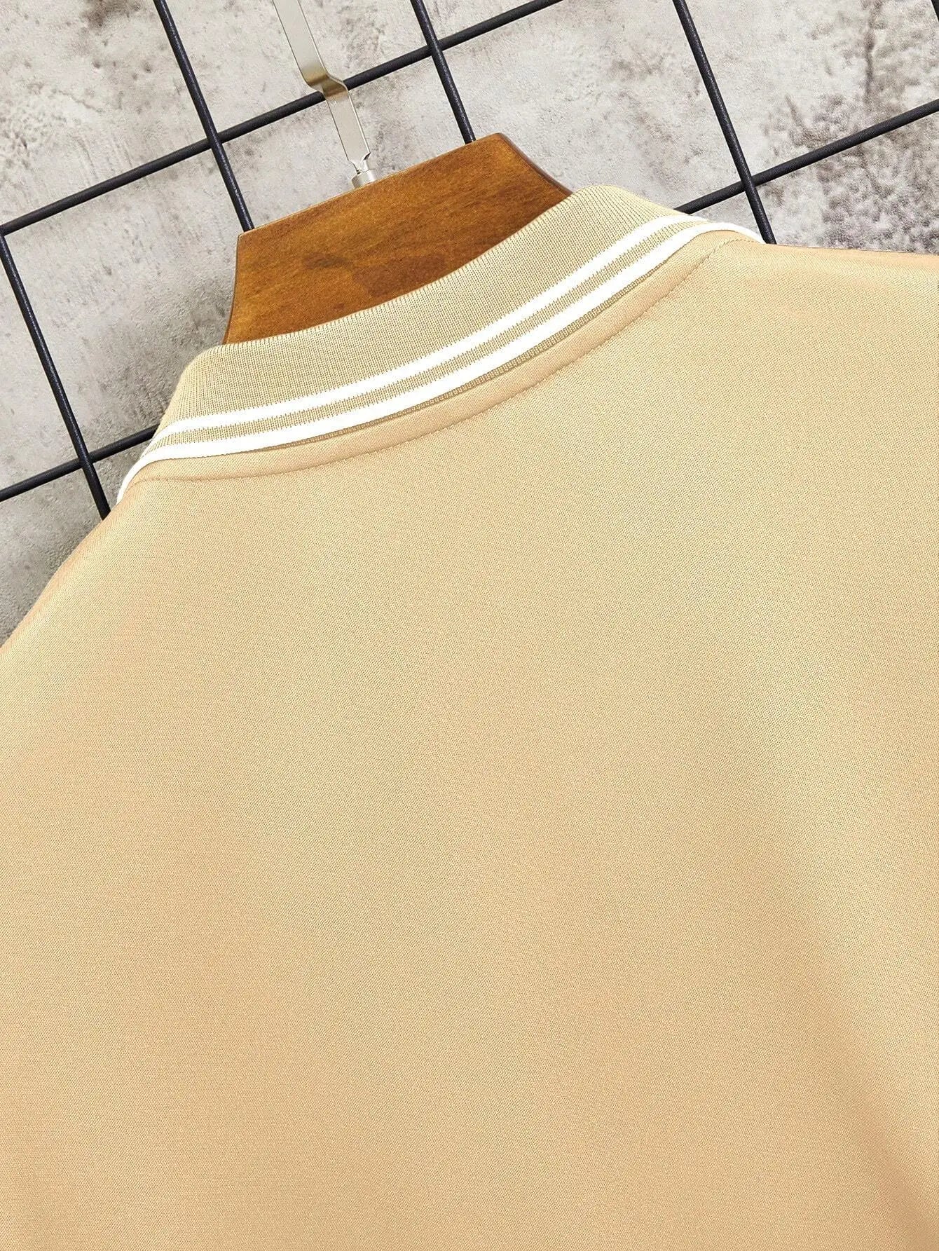 Men's Beige Short Sleeve Polo Shirt with Horse Rider Embroidery and Striped Trim