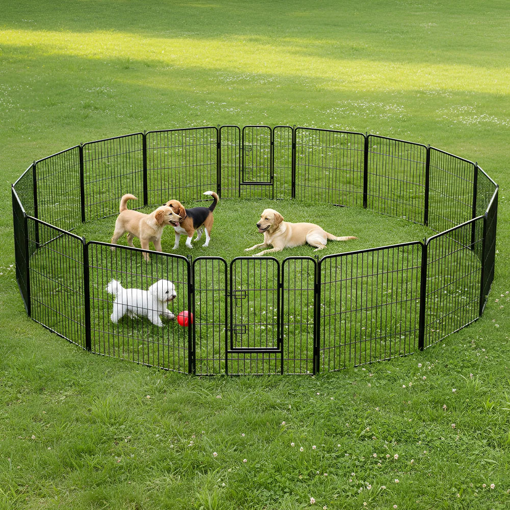 DOPINMIN 16 Panel Dog Fence Foldable Heavy Duty Metal Pet Playpen, Lockable Double Door, In/Outdoor Exercise Space for Animals