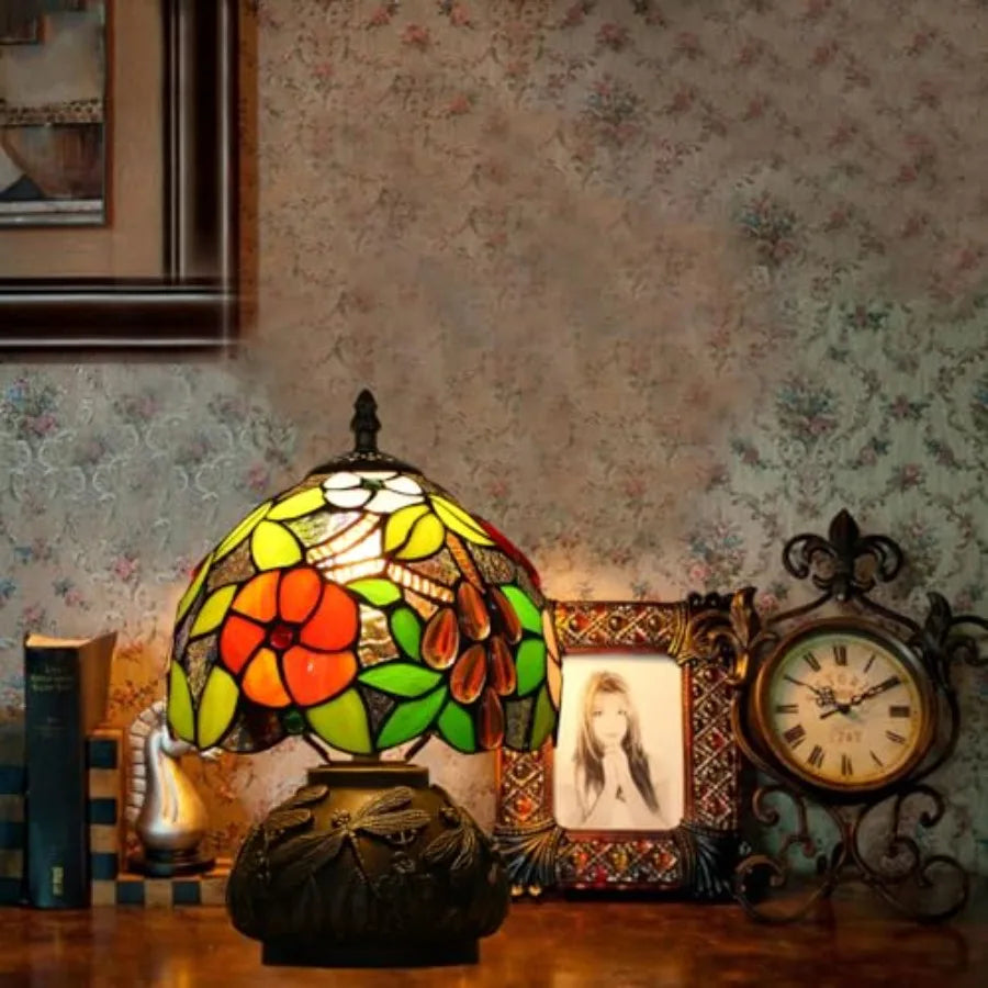 Tiffany Style Small Table Lamp for Bedroom3 Color-temperatures Stained Glass Night Light Antique Nightstand Bedside Lamps Livin