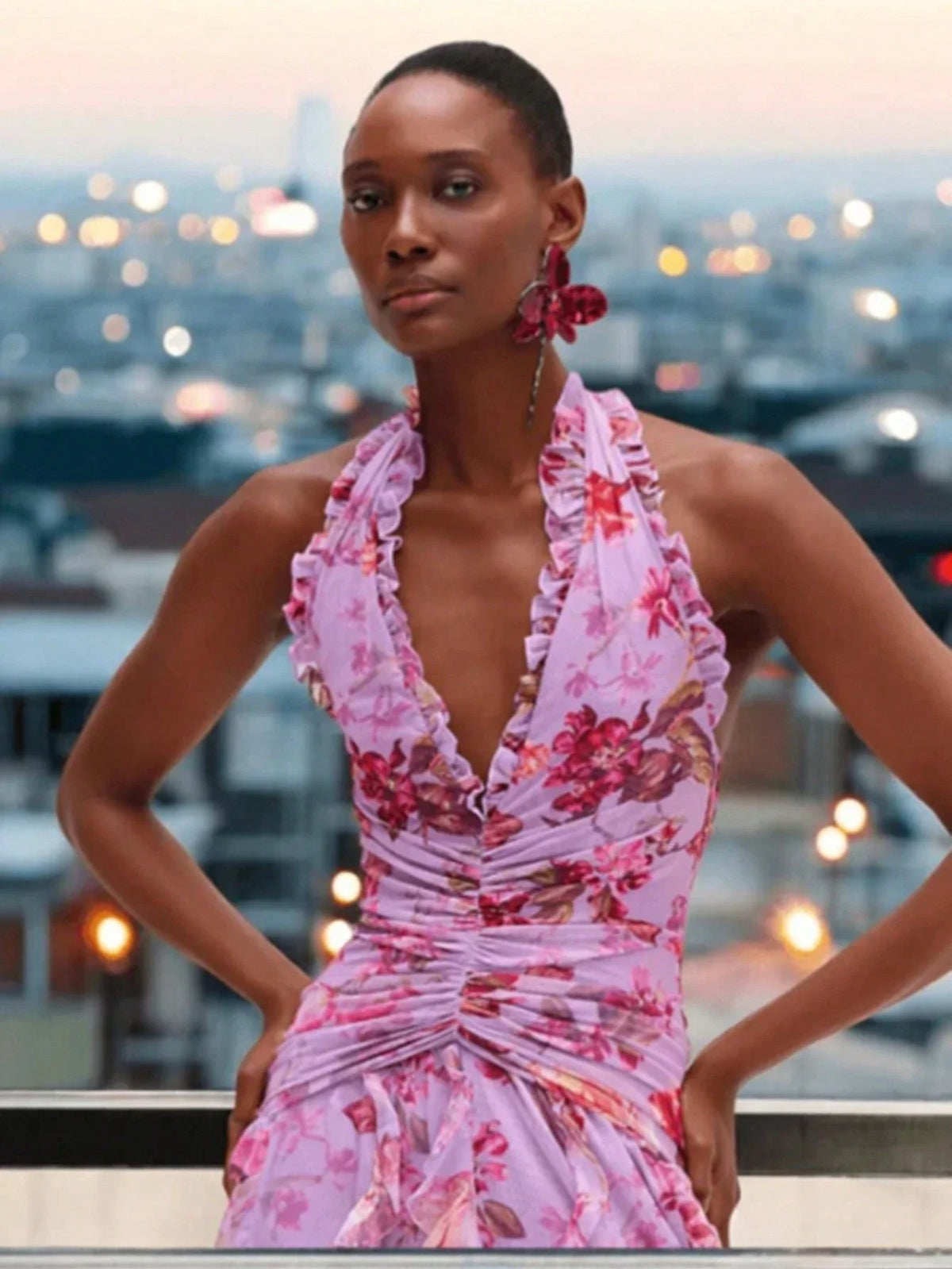 Elegant Floral Halter Neck Long Dress With Ruffle Hem And Slit For Women