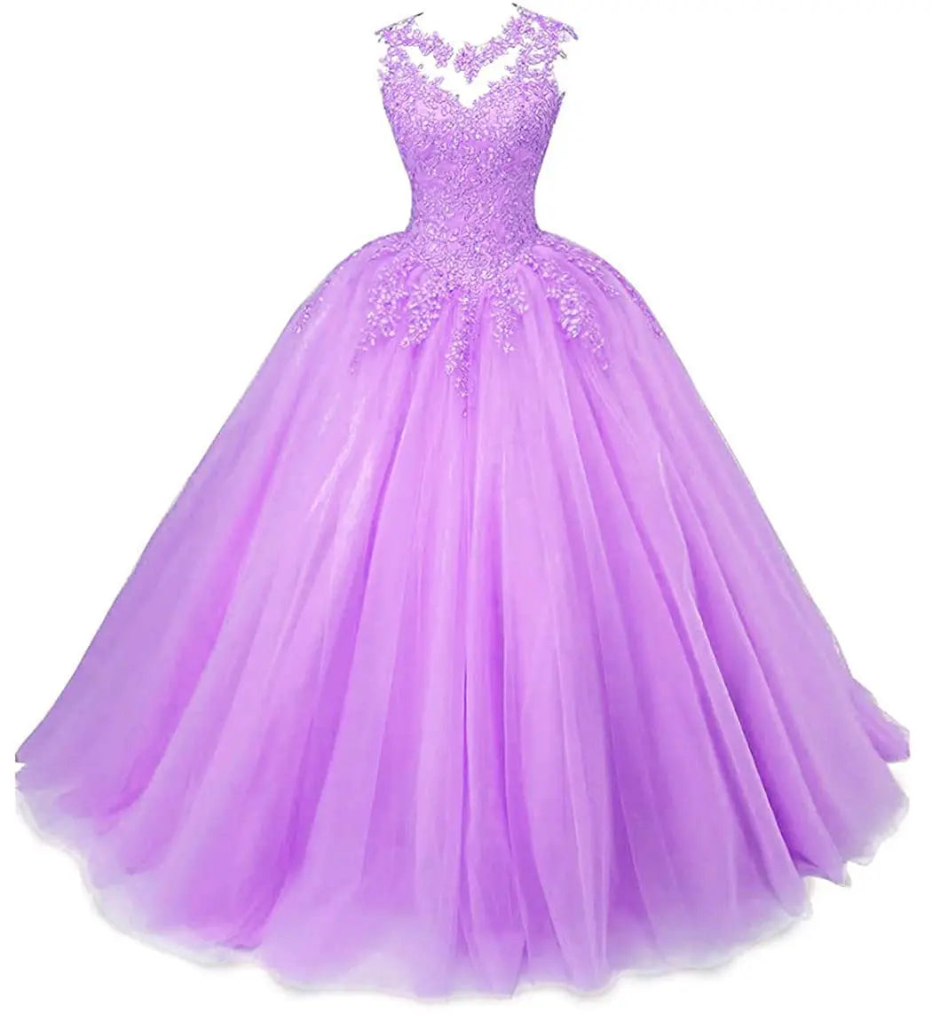 Women's Beaded Appliques Prom Dress Long Ball Gown Quinceanera Dresses Tulle Formal Sweet 16 Dress for Teens