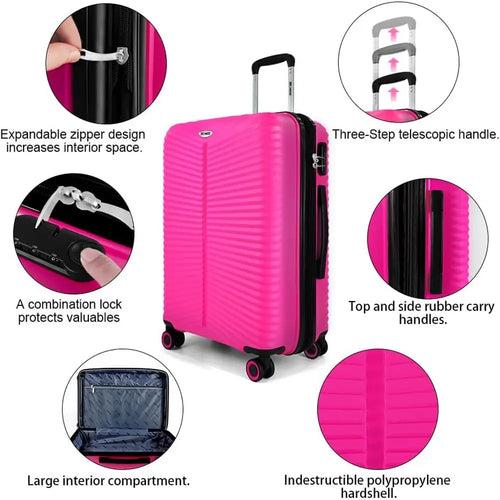 3-Piece Luggage Set: 20/24/28 with Combination Lock, Large Spinner Wheels, Unisex Travel Suitcase, Pink