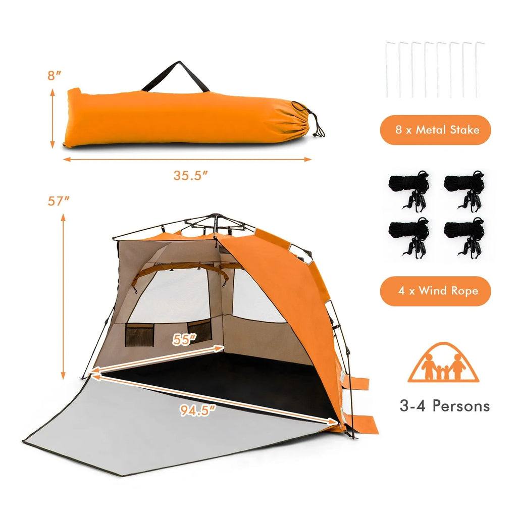 Instant Pop-up Beach Tent w/ Zippered Front Porch & 3 Large Mesh Windows Orange