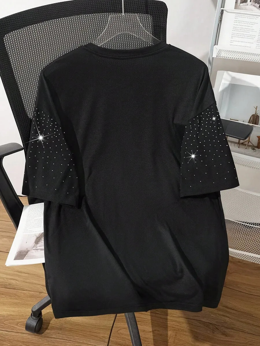 Men's Black Short Sleeve T-Shirt with Sparkling Rhinestone Dot Pattern, Casual Loose Fit