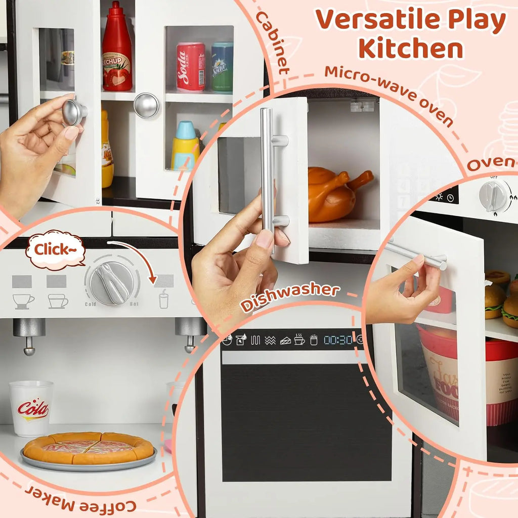 Kids Play Kitchen, Wooden Pretend Toy Kitchen, Toodler Cooking Playset, Stove w/Light & Sound, Sink, Microwave, 2 Fabric Boxs, D