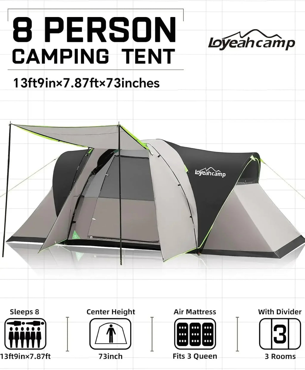8 Person Larger Extended Dome Camping Tent with 3 Rooms, Waterproof Semi-Freestanding Family Outdoor Tent with Spacious Interior