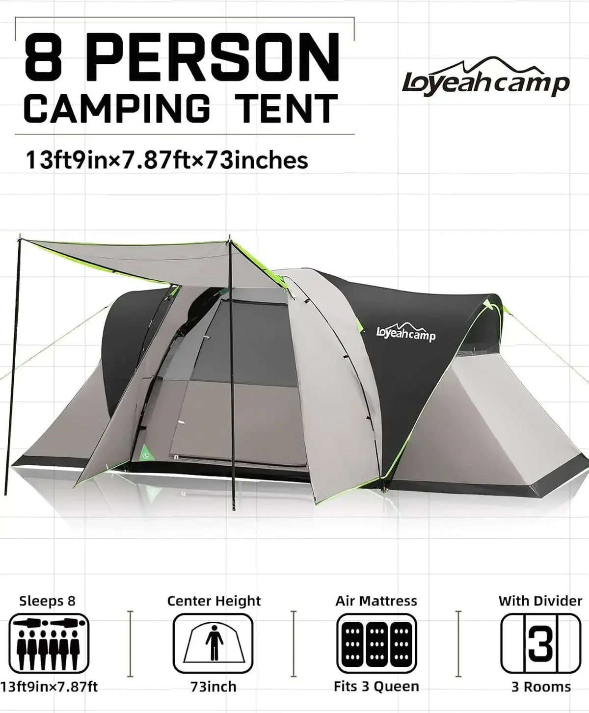 8 Person Larger Extended Dome Camping Tent with 3 Rooms, Waterproof Semi-Freestanding Family Outdoor Tent with Spacious Interior