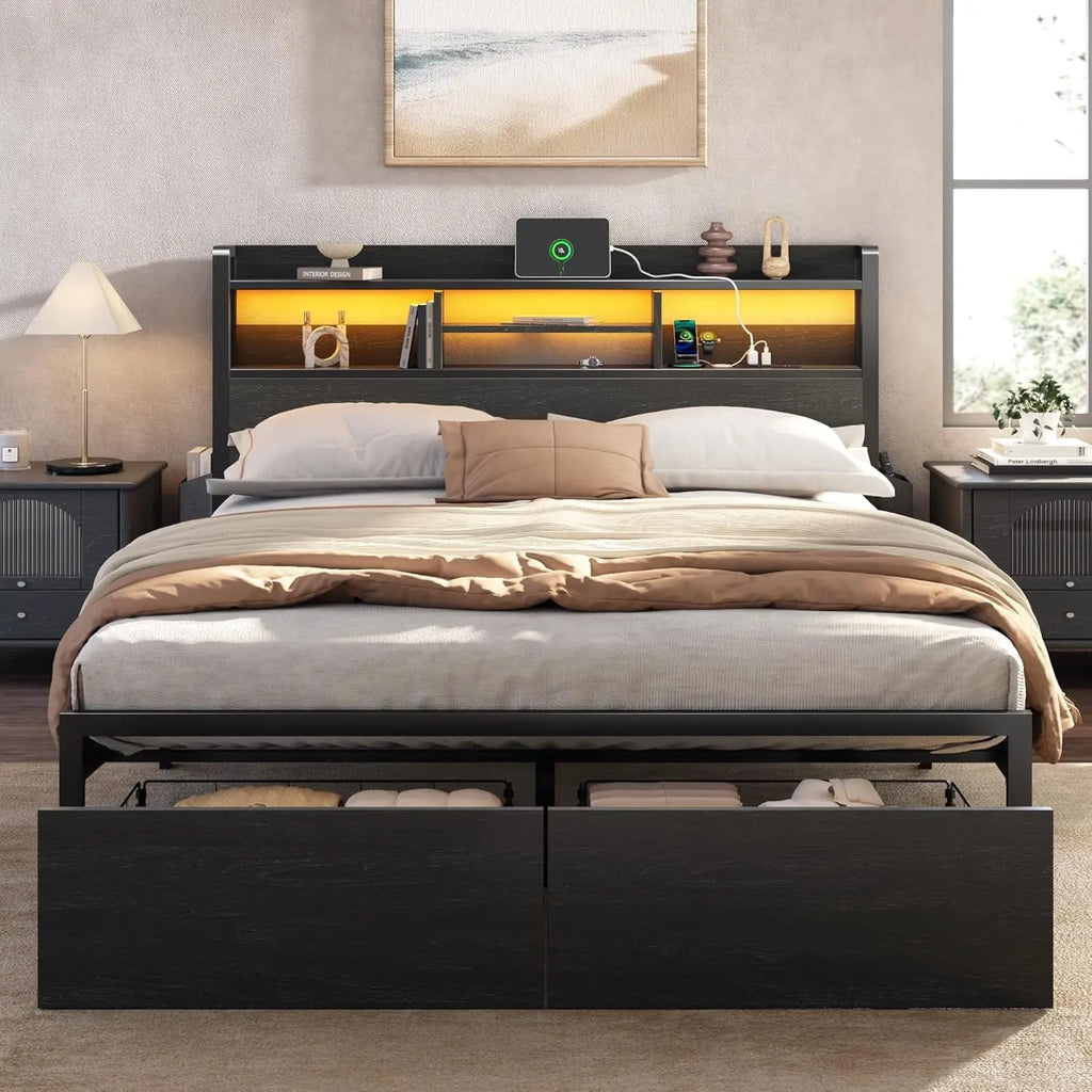 Frame with Wood Headboard and Storage Shelf, Metal Platform Bed Frame with Storage Drawers, Customized