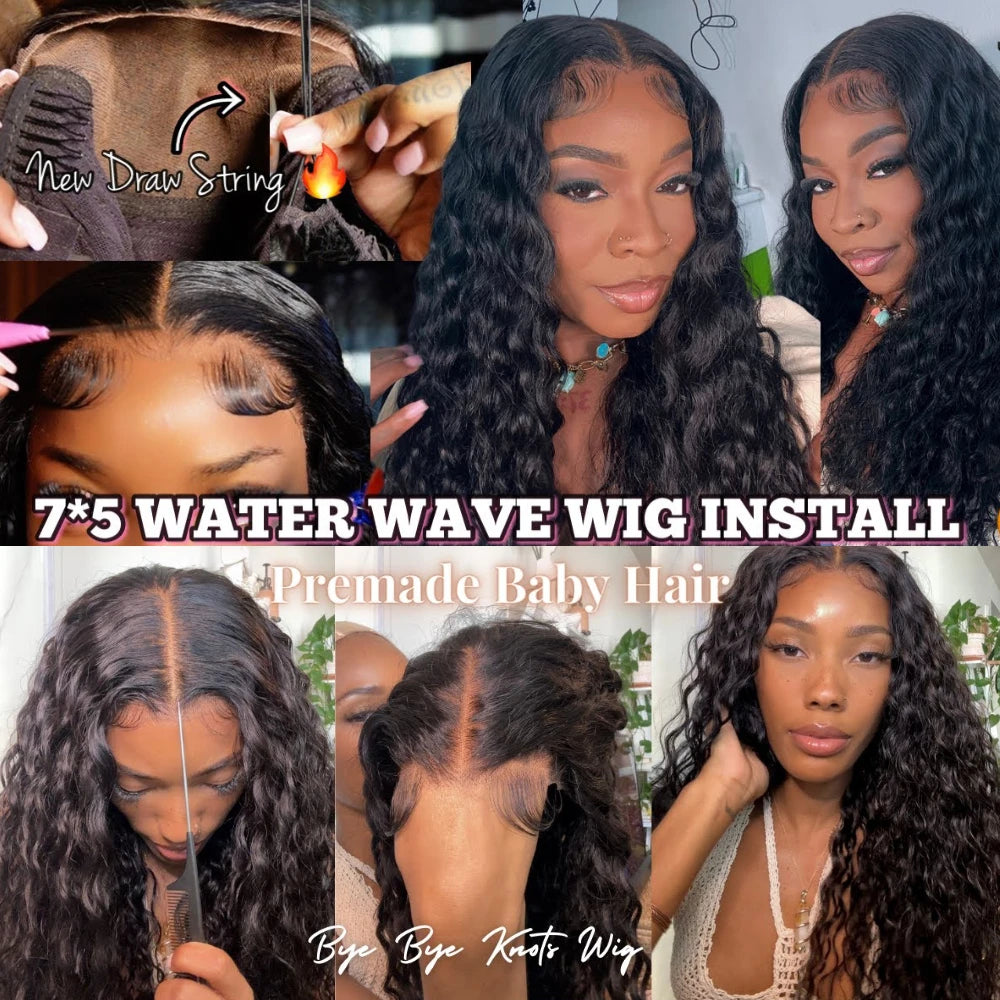Unice Hair Drawstring Cap 7x5 & 13x4 Water Wave Human Hair Wig With Baby Hair Pre Cut Pre Bleached Pre Plucked Glueless Wigs