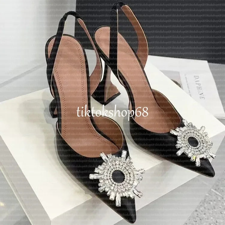 Amina muadii heels designer sandals womens wedding dress shoes satin pointed slingbacks bowtie pumps crystal sunflower flower hi