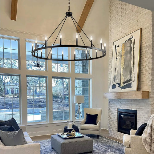 16-Light Black Wagon Wheel Chandelier Large Farmhouse Chandelier, Round Rustic Lighting, Farmhouse Light Fixture